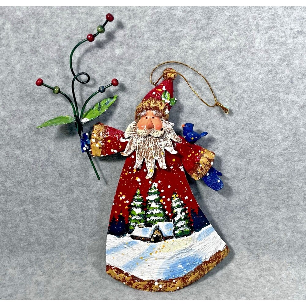 Santa Claus Hand Painted Tin Ornament 8" Holiday Cabin Farmhouse Country Metal